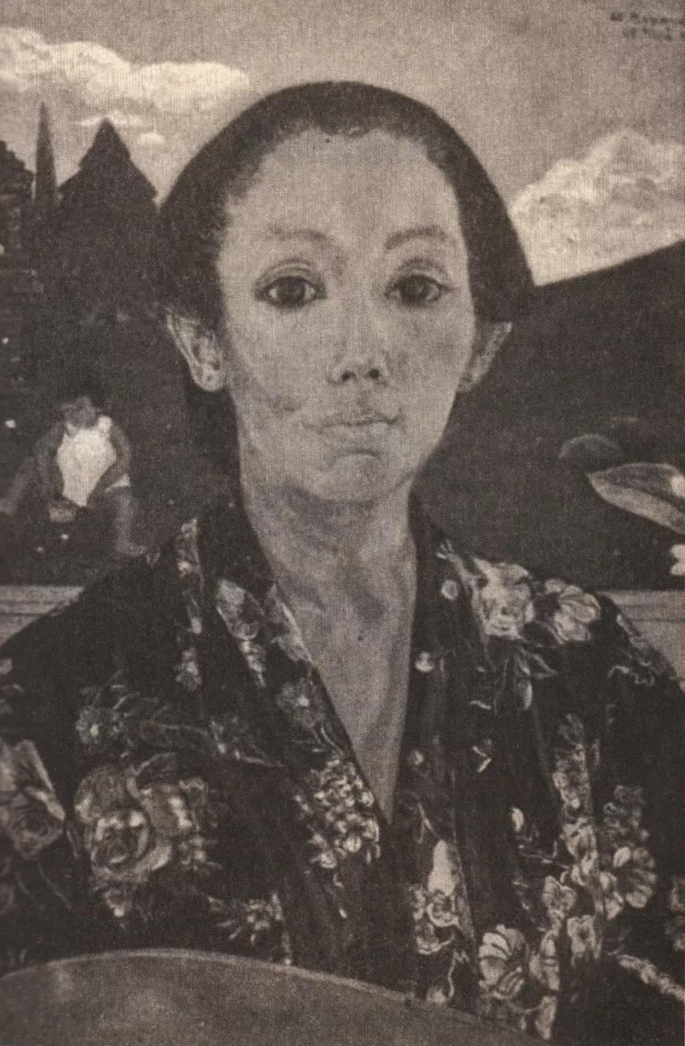 A black and white photo of a portrait of a woman with a landscape behind her.