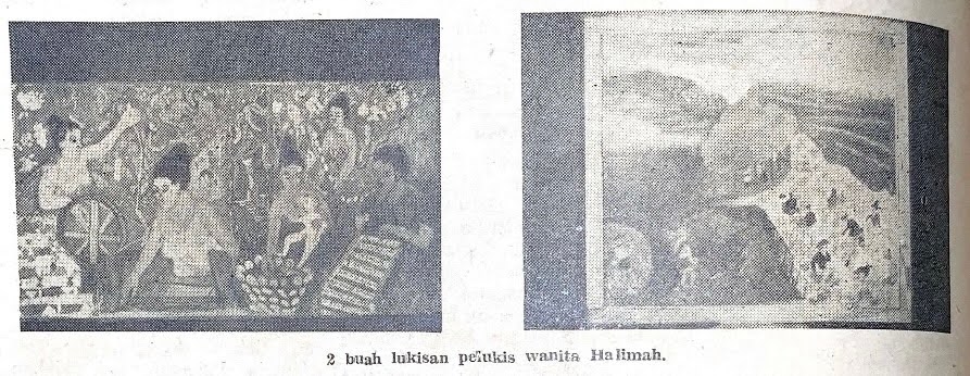 Grainy black and white photo of two paintings, one of figures and one of a landscape.