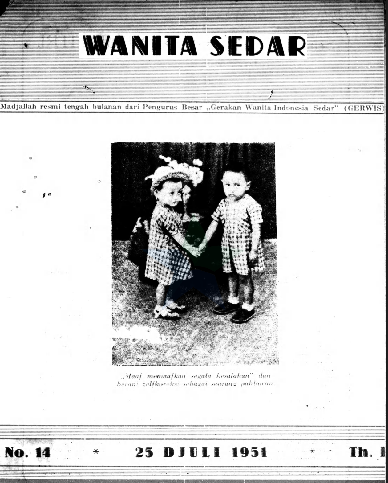 Black and white image of cover of Wanita Sedar with photo of two small children